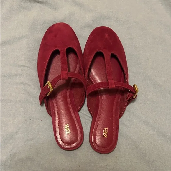 Zara Women's Red Suede Mules with Gold Buckle - Picture 1 of 3